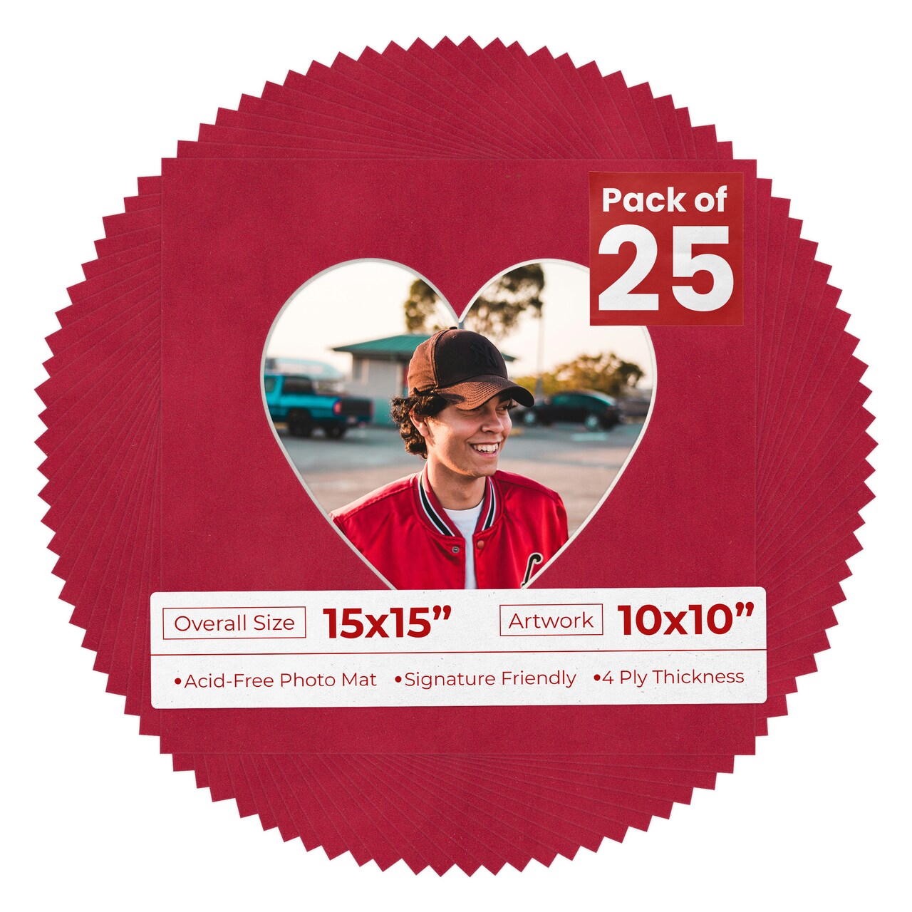 Red Suede Mat Board for 15x15 Frames - Heart Opening for 10x10 Photos